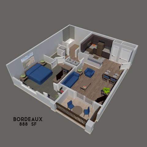 Floor plan for 1 bed, 1 bath, 888 sqft